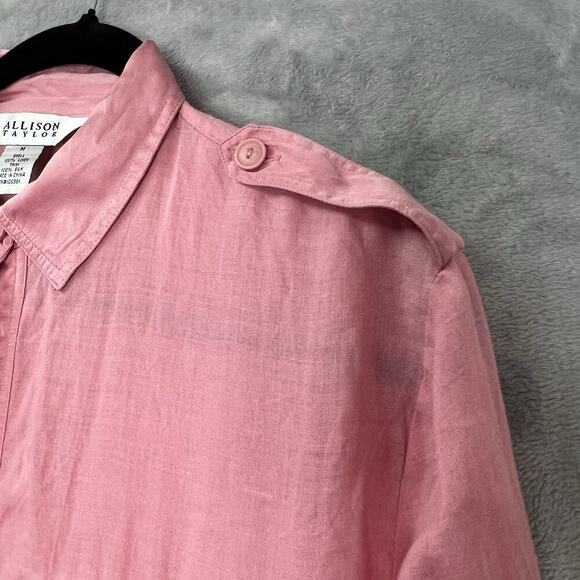Allison Taylor Linen Silk Trim Pink Button Down Embroidery Long Sleeve Blouse M - Picture 5 of 12